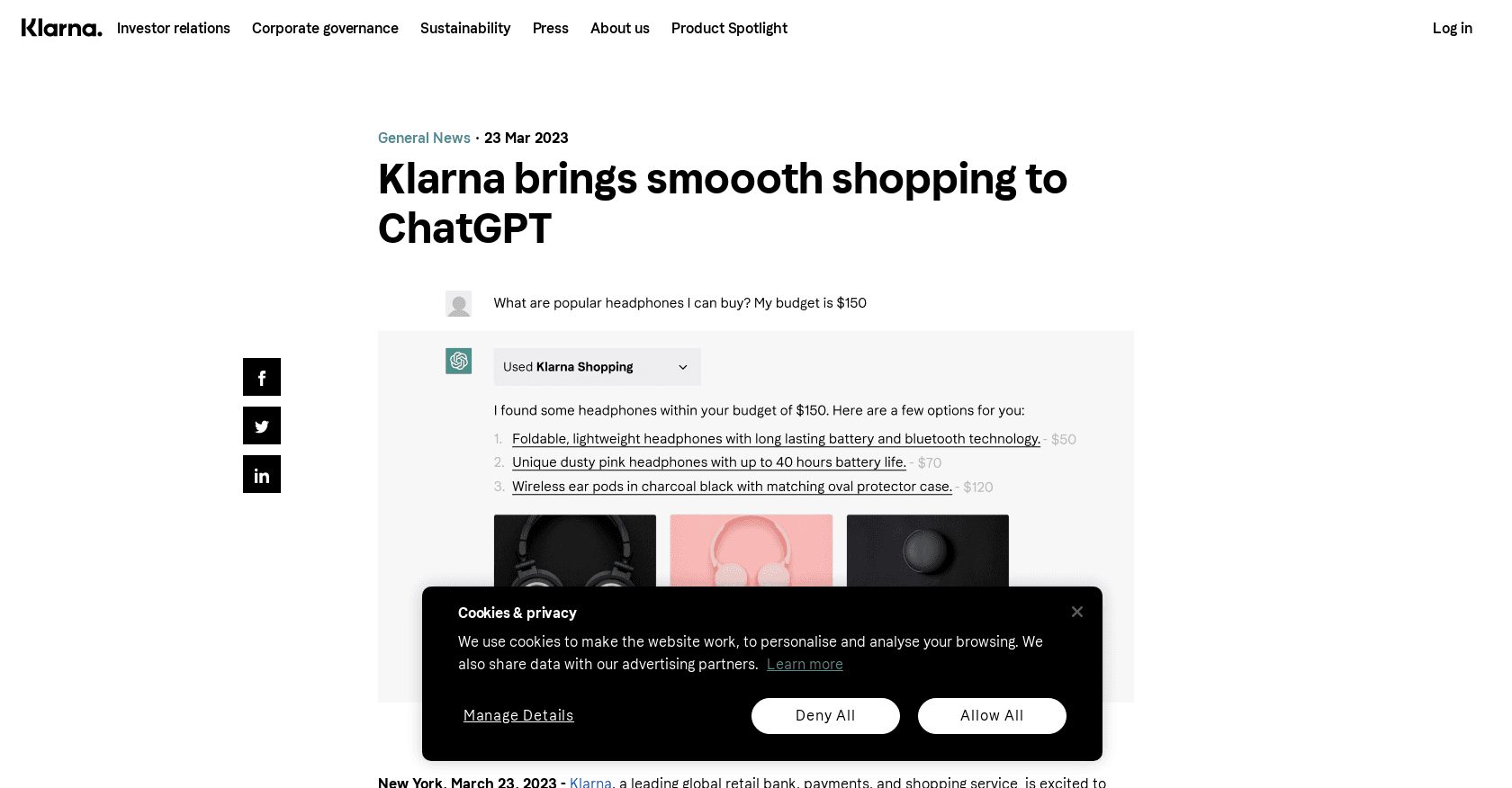 Klarna ChatGPT plugin